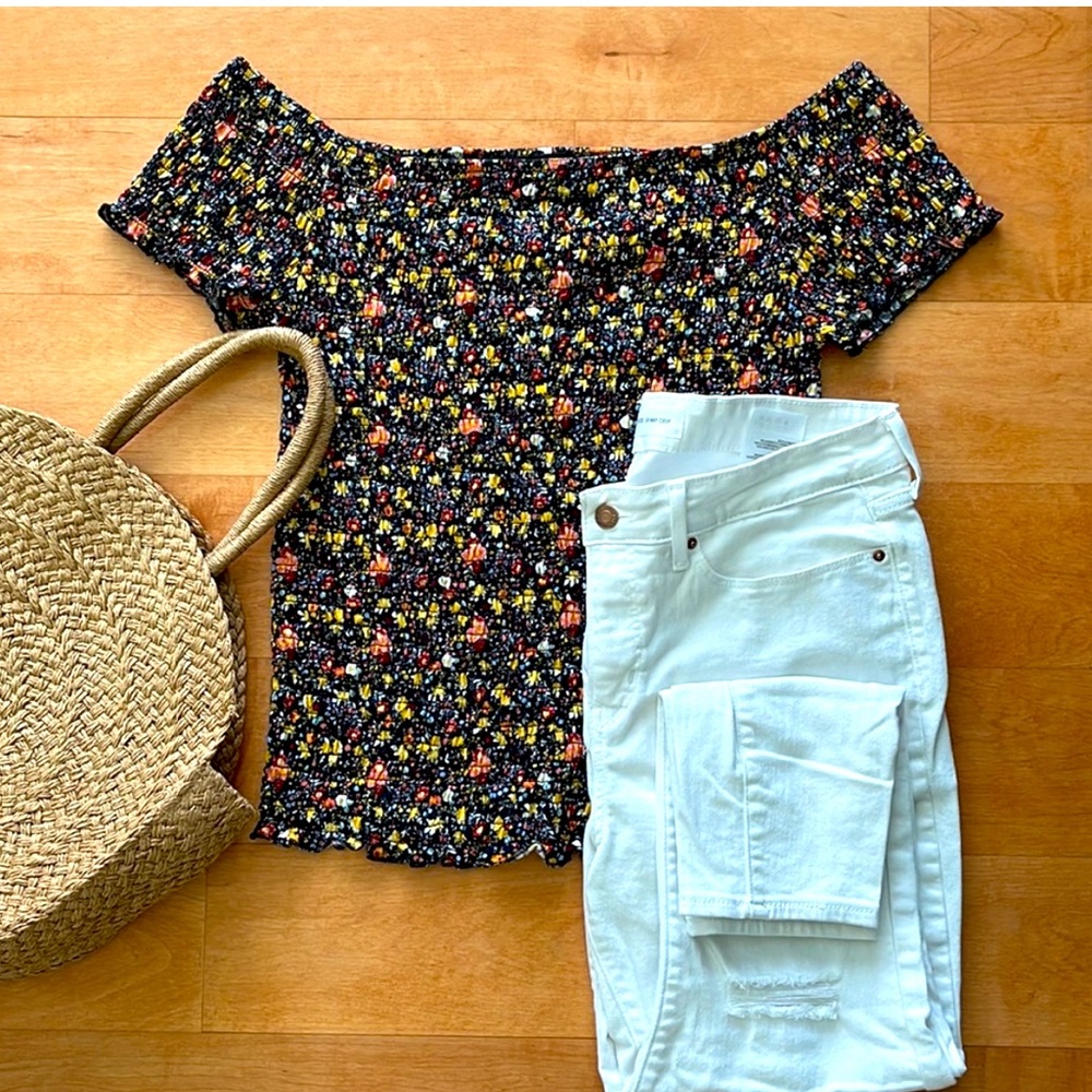 ALMOST FAMOUS black floral shirred off shoulder top
